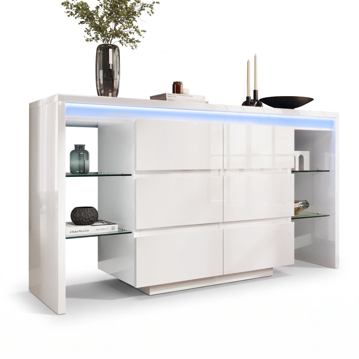 Merax Dressoir - Hoogglans Wit - 155 x 40 x 80 cm - 6 Laden - 4 Glazen Legplanken - Meerkleurige Verlichting - Opbergkast voor Woonkamer