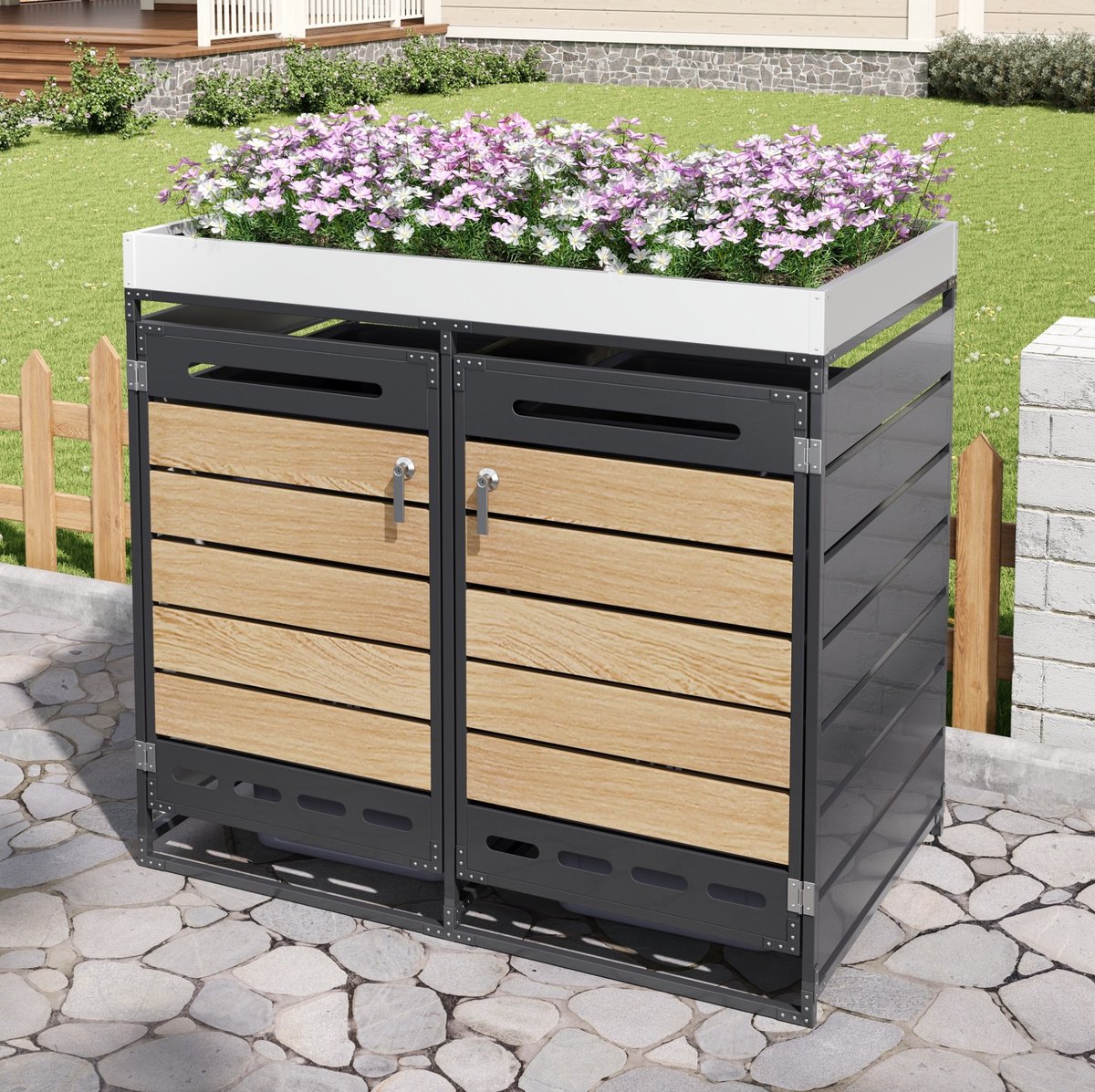 Wishdor Containerberging met plantenbak - 2-vaks, afsluitbaar, ventilatieopeningen - Industrieel - Tuin terras openbare ruimte - Metaal - Zwart - 131 x 79 x 120 cm