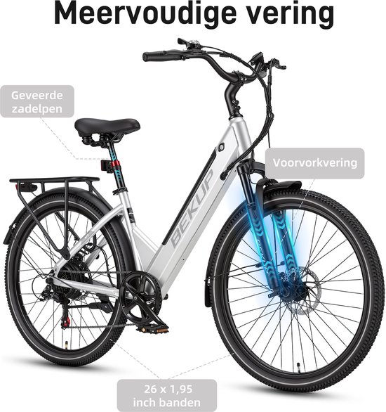 Bekup V1 Elektrische stadsfiets - 26 inch lage instap - 522Wh lange actieradius accu - 250W achterwielmotor - 45Nm koppel - Shimano 7 versnellingen - Schijfremmen voor en achter - LCD-display - Geveerde zadelpen - Zilverwit — afbeelding 4