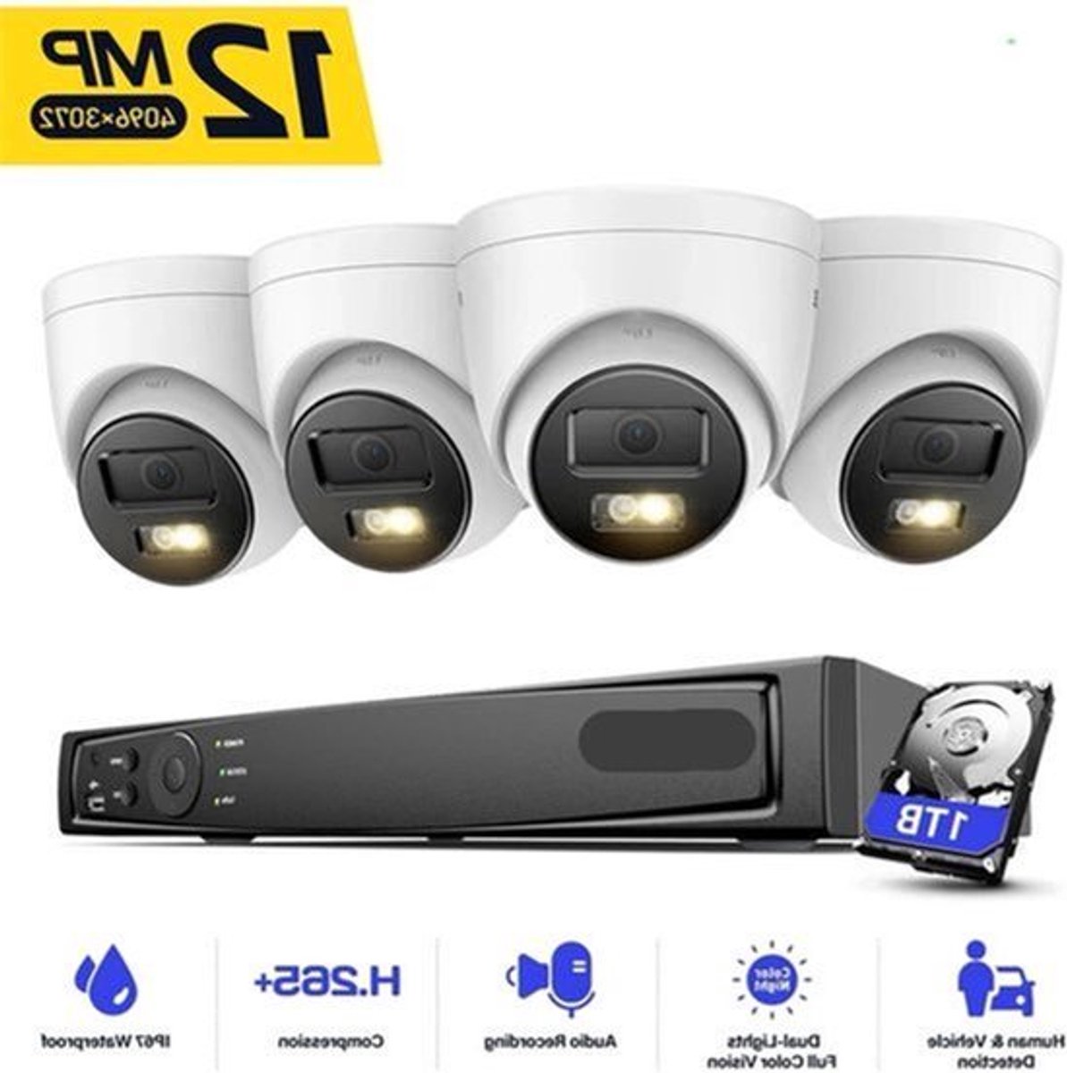 Beveiligingscamerasysteem - CCTV Camerasysteem - Beveiligingscamera - Camerabewaking - met Nachtzicht - 12MP - 8 PoE Camera's en NVR - 4K HDMI - Audio - Bewegingsdetectie - Ingebouwde HDD: 1TB