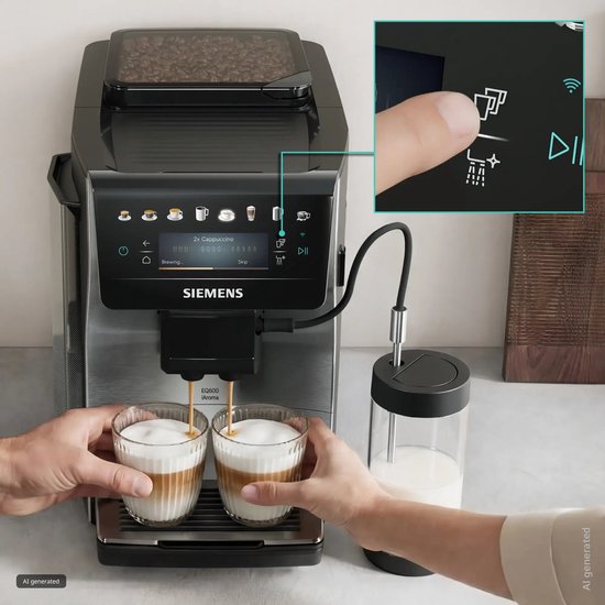 Zilverkleurige Siemens volautomaat die twee latte macchiato's tegelijk zet.