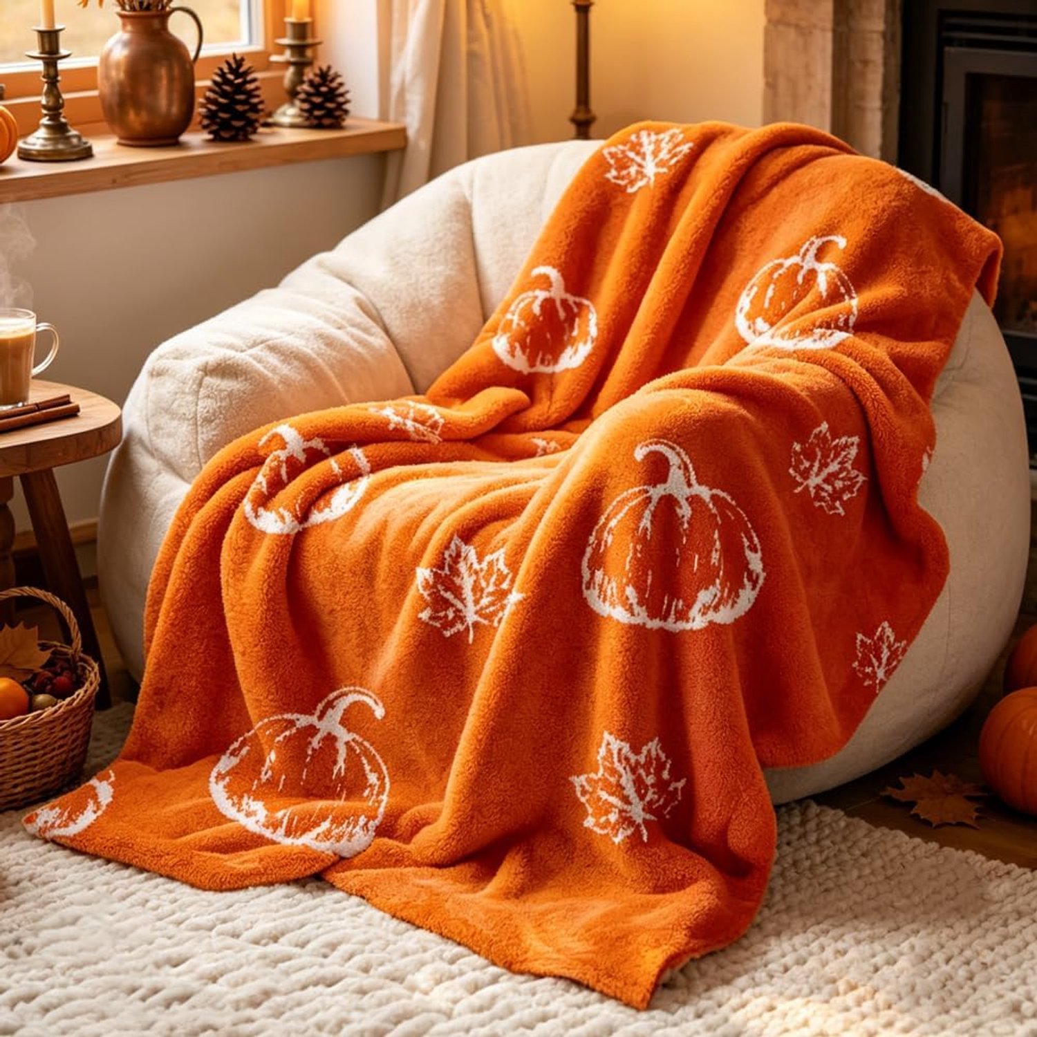 Herfstdeken 130x150cm - flanel - pompoen & bladpatroon - perfect voor cozy avonden - Vemera