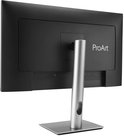 Achterzijde in een hoek van de ASUS ProArt monitor met zilveren voet en zwarte textuur.