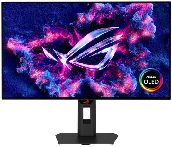 Frontaal aanzicht van een gamingmonitor met ROG-graphics en een ASUS OLED-embleem in de hoek.