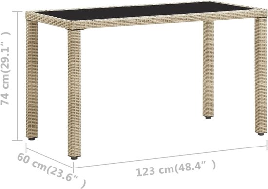 Tuintafel, beige, 123 x 60 x 74 cm, met glazen tafelblad en stalen frame, waterdichte PE rotan eettafel voor terras en veranda — afbeelding 2