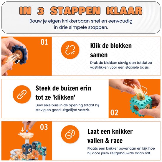 Stappenplan: klik blokken samen, plaats buizen, en laat knikkers door de zelfgebouwde baan rollen.
