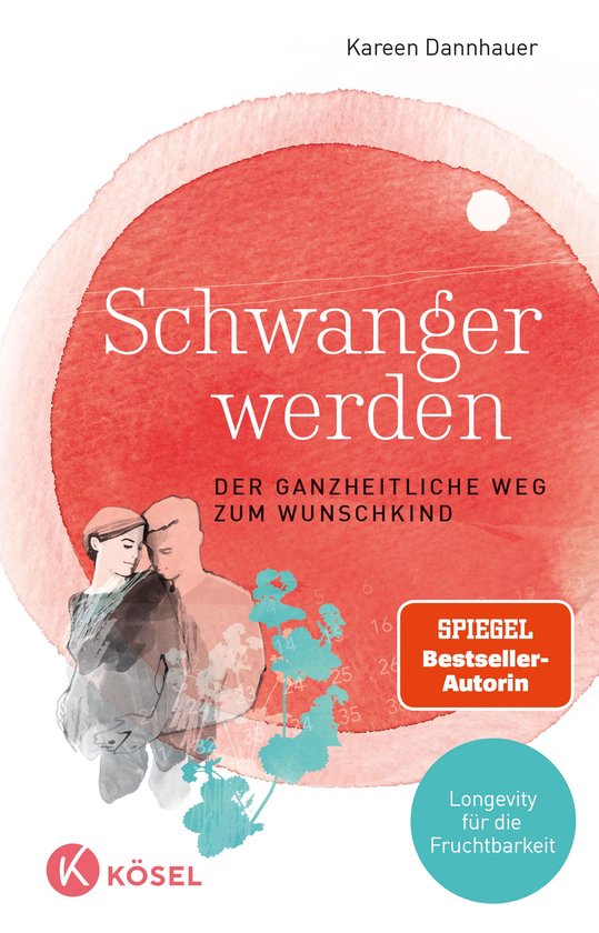 Boekomslag 'Schwanger werden' met illustratie van een paar, rode cirkel en tekst over vruchtbaarheid en bestsellers.