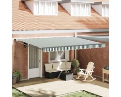Oprolbare terrasluifel, 450 x 300 x 165 cm, van polyester en metaal, groen-wit, met handmatig oprolmechanisme, ideaal voor terras en tuin