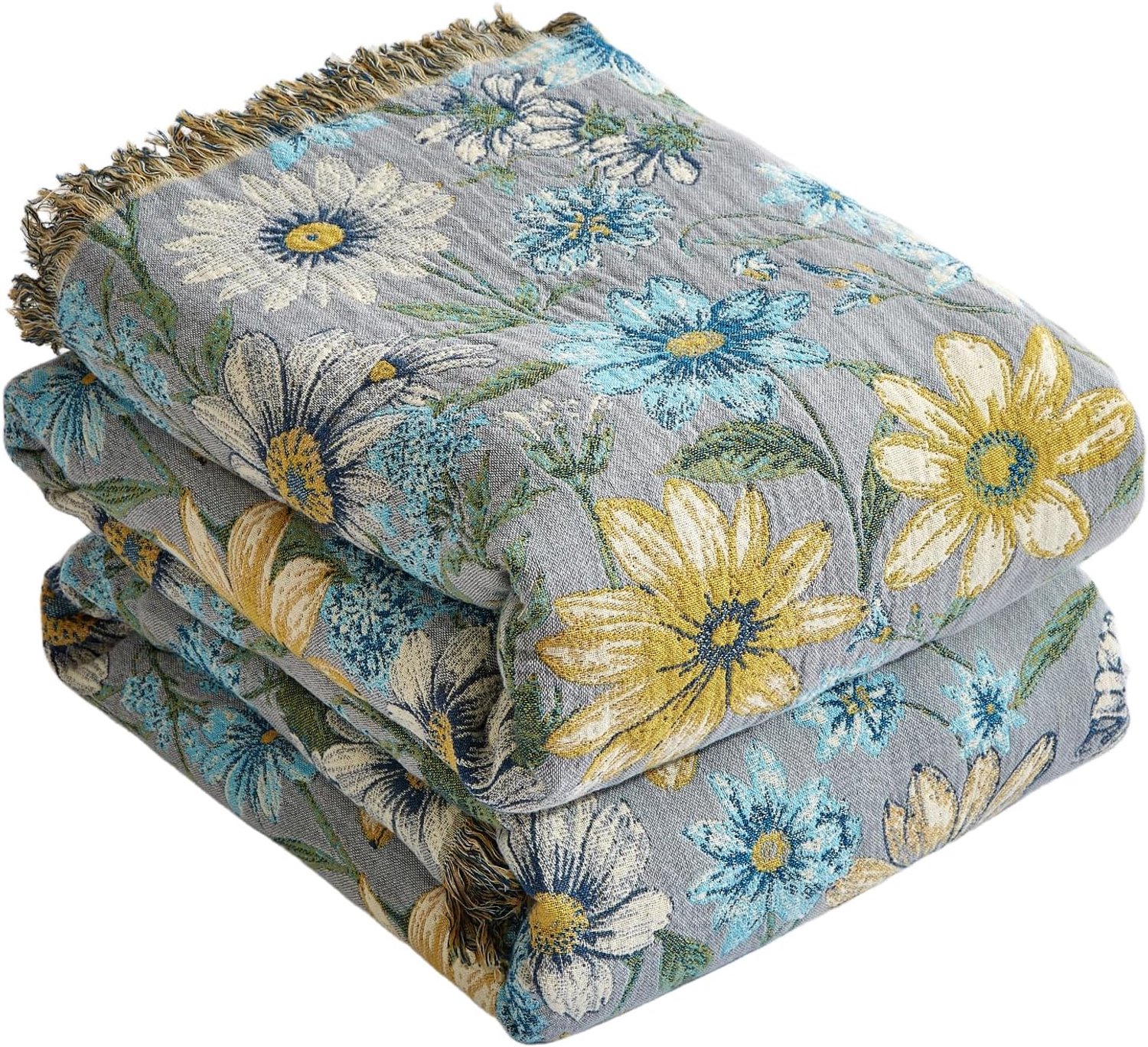 Boho sprei, 100% katoen, knuffeldeken met franjes, dubbelzijdig mousseline, boho-deken, 200 x 230 cm, behaaglijke bankdeken & bedsprei, zomerdeken voor woonkamer, blauw/geel