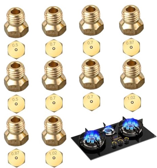 Set van diverse messing gasfornuissproeiers met maten 0.5, 0.7, 0.87 en 1.02, met afbeelding van kookplaat.