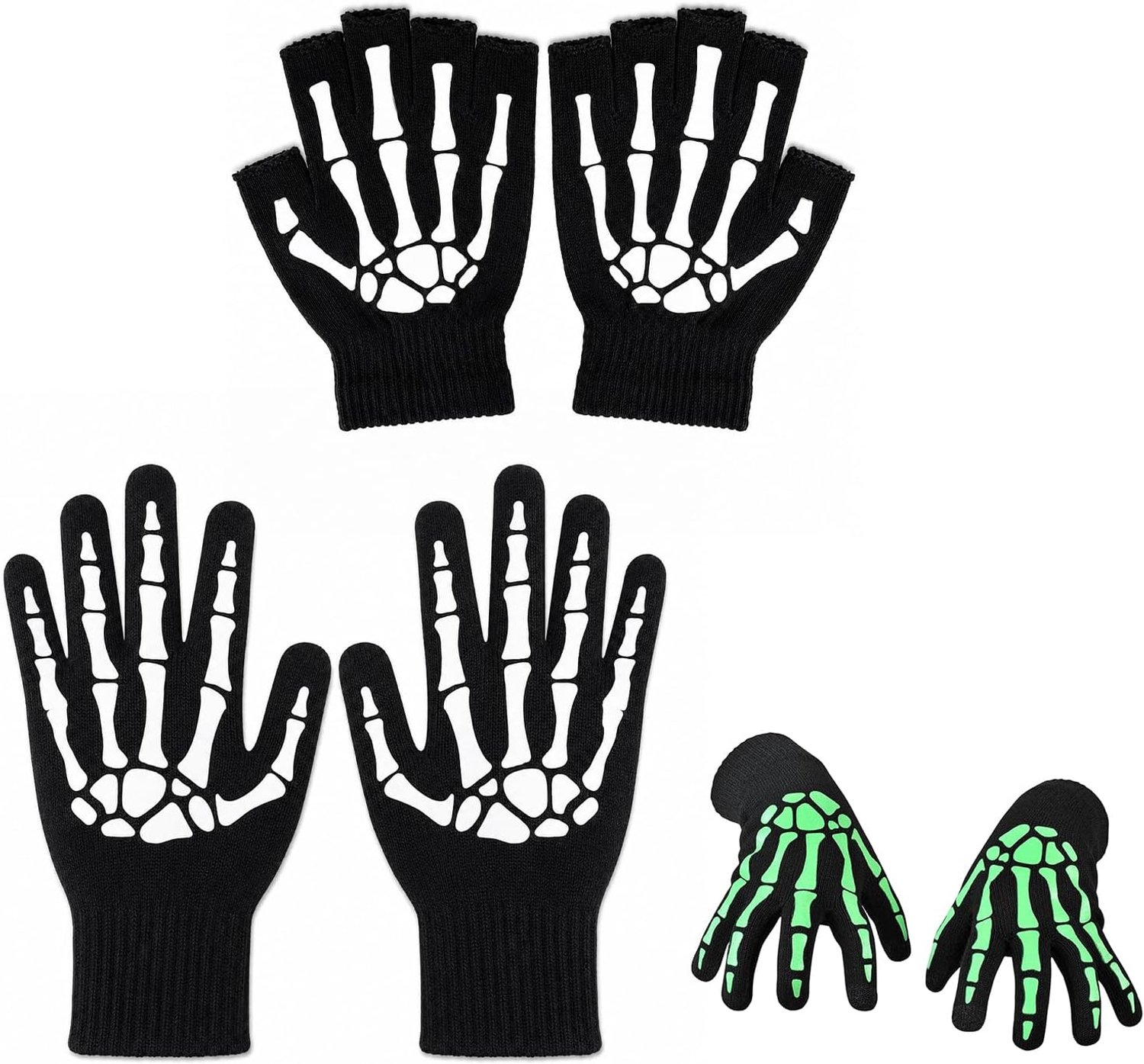 Handschoenen voor dames en heren, lichtgevend bottenmotief, één maat, voor Halloweenfeest en podium, gebreid, zwart