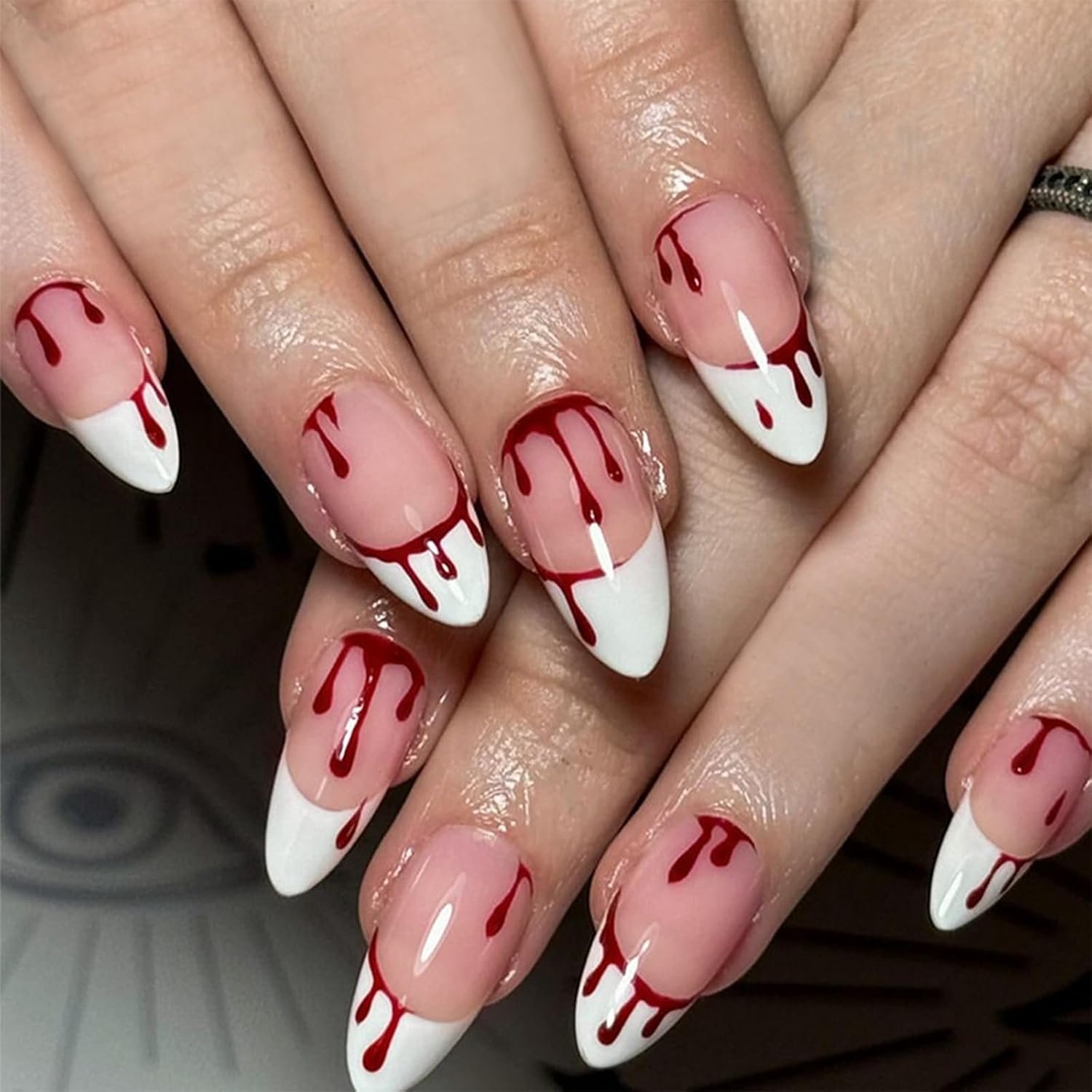 24 stuks Halloween kunstnagels, amandel, wit, French Press on Nails