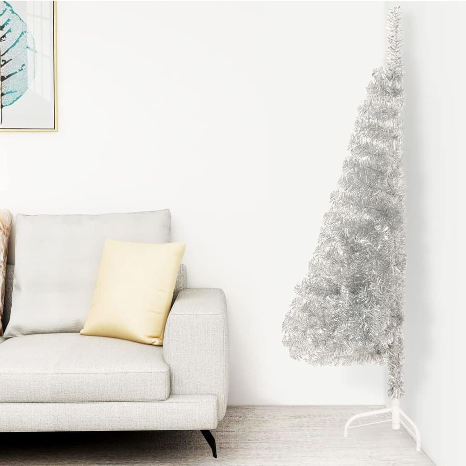 Halve kerstboom met standaard zilver 120 cm pvc, kunstmatige kerstboom scharnierende sparren kerstboom, opvouwbare metalen standaard voor thuis/kantoor vakantie decoratie binnen en