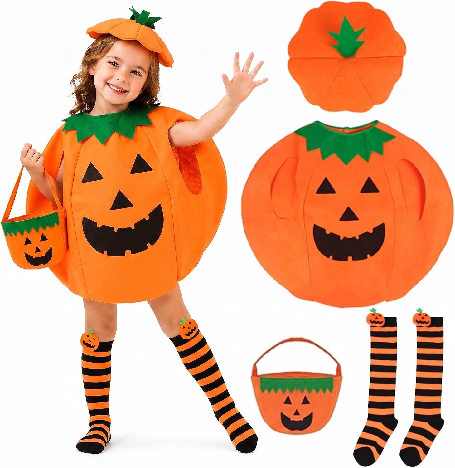 Pompoenkostuum set unisex kinderen, schattige pompoen verkleden outfit met hoed & snoep trick or treat tas en sokken, kleding voor Halloween, feest, cosplay, carnaval (kind)
