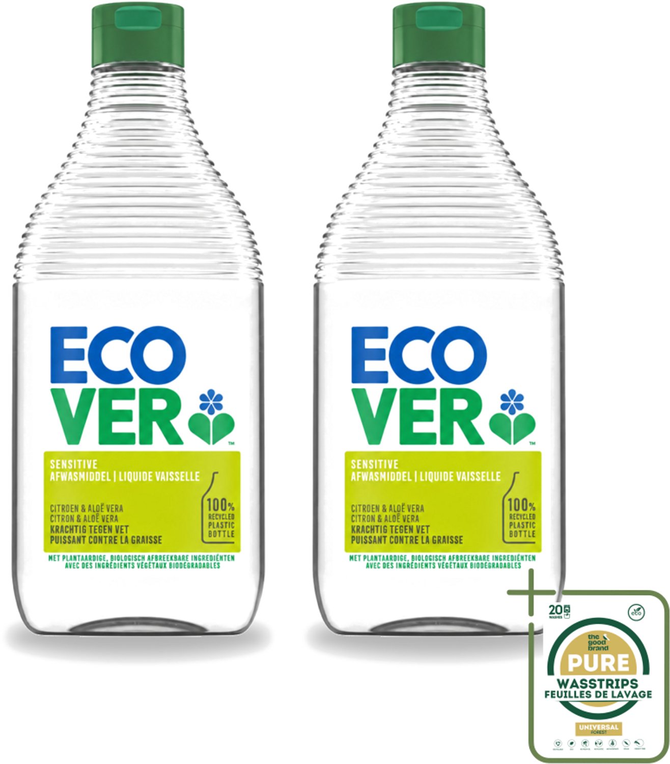 2 x Ecover - Afwasmiddel - Citroen & Aloë Vera - 450 ml - Wasstrips - Afwasmiddel Citroen Aloë Vera - Milieuvriendelijk Afwasmiddel - Plantaardig Afwasmiddel - Biologisch Afbreekbaar - Huidvriendelijk Afwasmiddel