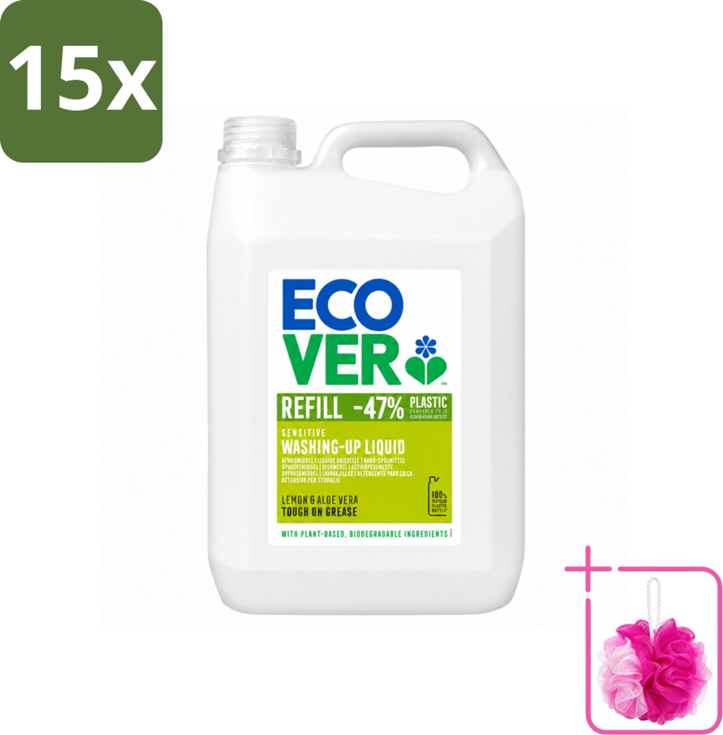 15 x Ecover - Afwasmiddel - Citroen & Aloë Vera - 5 liter - Bulkverpakking - Afwasmiddel citroen aloë vera - Douchemop - Plantaardig afwasmiddel