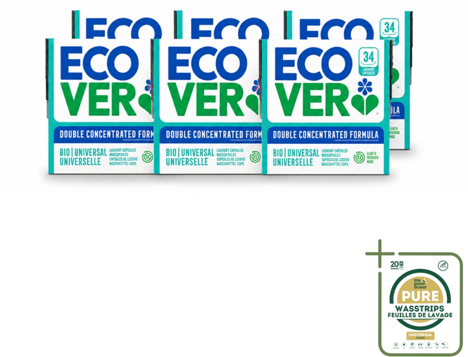6 x Ecover - Waspods - Universeel - Geconcentreerde formule - 34 wasbeurten - Wasstrips - Wasmiddel - Waspods - Duurzame Was - Krachtige Reiniging - Wasbeurten