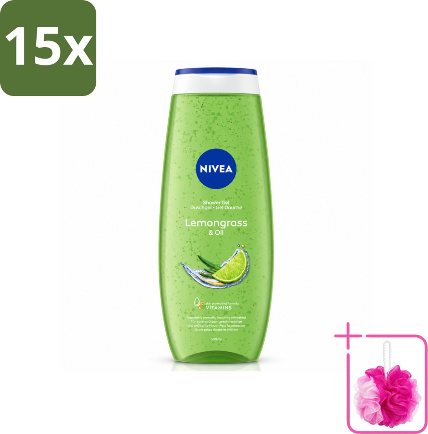 15 x NIVEA - Douchegel - Citroengras & Olieverzorging - Glad & Verfrissend Huidgevoel - 500 ml - Bulkverpakking - Douchegel - Douchemop - Natuurlijke oliën