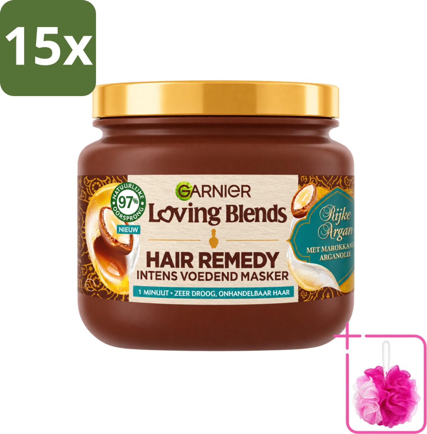 15 x Garnier - Loving Blends - Haarmasker - Rijke Argan - Zeer Droog & Onhandelbaar Haar - 340 ml - Bulkverpakking - Haarmasker - Douchemop - Arganolie
