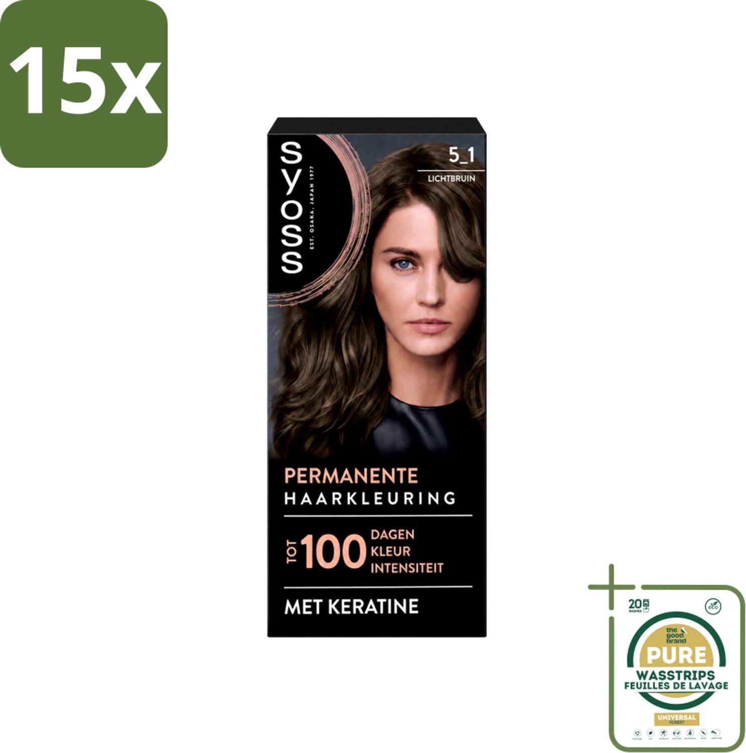 15 x SYOSS - Permanent Coloration 5-1 - Haarverf - Permanente Haarkleuring - Lichtbruin - Grijsdekking - Wasstrips - Haarkleuring - Permanente Haarkleuring - Grijsdekking - Keratine - Haarverf