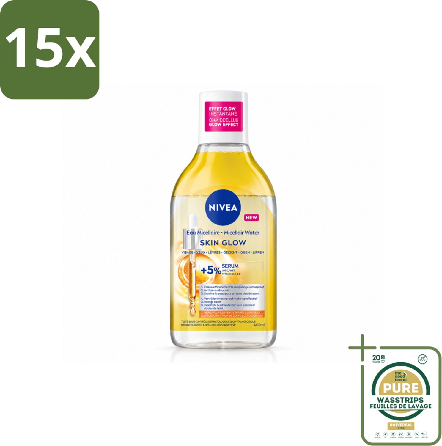 15 x NIVEA - Micellair Water - Serum Verrijkt Stralend - Verwijdert Waterbestendige Make-up - 400 ml - Wasstrips - Gevoelige Huid - Micellair Water - Stralende Huid - Reinigingsgel - Hydraterend