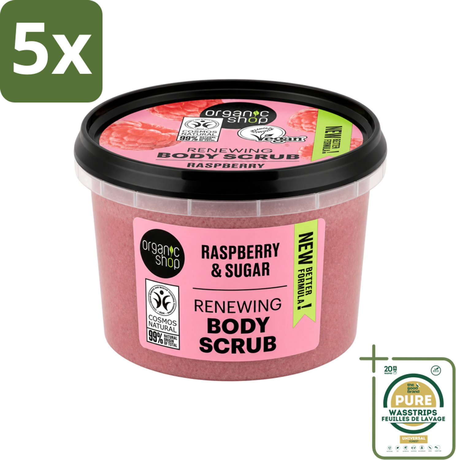 5 x Organic Shop - Organic Raspberry & Sugar Body Scrub - Verfrissend en Peeling - 250 ml - Wasstrips - Bodyscrub - Exfoliatie - Huidpeeling - Natuurlijke Huidverzorging - Framboosscrub
