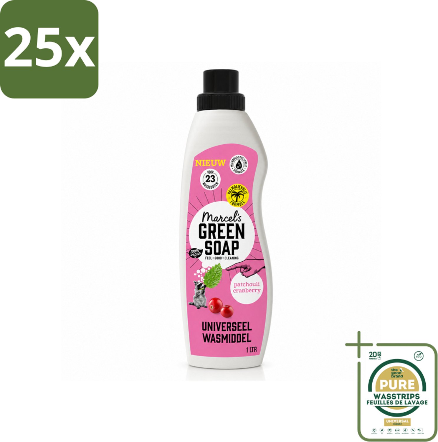 25 x Marcel's Green Soap - Vloeibaar Wasmiddel - Patchouli & Cranberry - Effectief & natuurlijk - 23 Wasbeurten - 1 liter - Wasstrips - Wasmiddel - Natuurlijk Wasmiddel - Zeep Wasmiddel - Milieuvriendelijk Wasmiddel - Plantaardig Wasmiddel