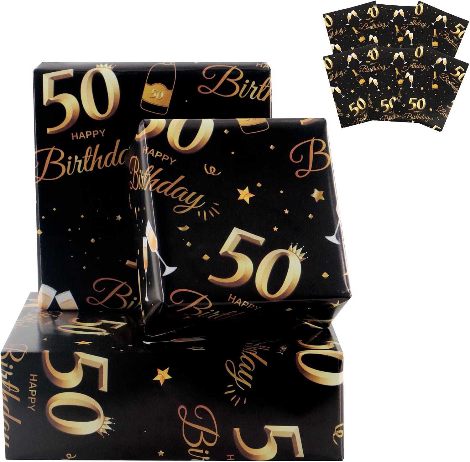 6 vellen inpakpapier voor 50e verjaardag, 70 x 50 cm zwart en goud, Happy Birthday-inpakpapier, 50e verjaardagscadeaus decoraties voor vrouwen mannen, recyclebaar - 50e
