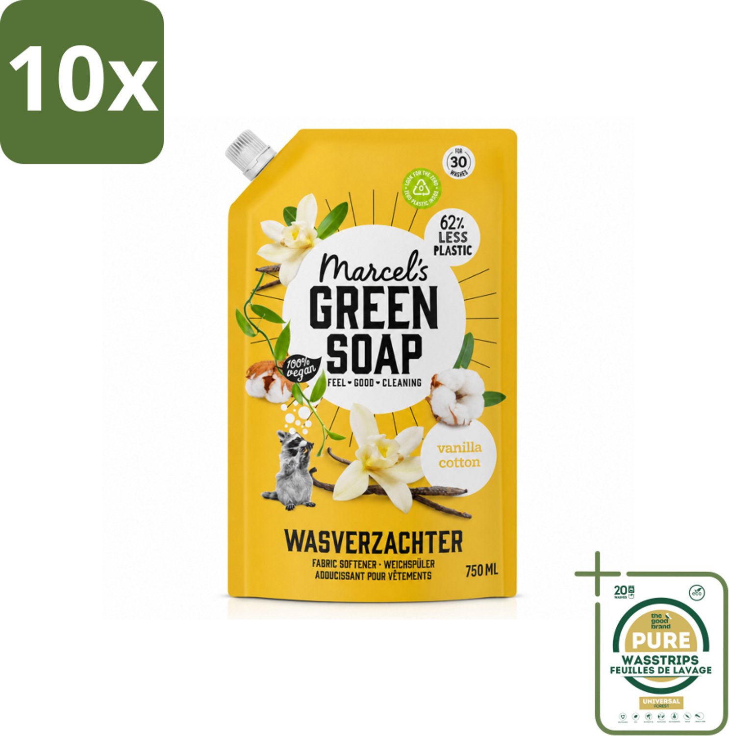 10 x Marcel's Green Soap - Wasverzachter - Navulling - Katoen & Vanille - Zachte frisheid- 30 Wasbeurten - 750 ml - Wasstrips - Wasverzachter - Wasverzachter Navulling - Wasverzachter Katoen - Wasverzachter Vanille - Wasverzachter Milieuvriendelijk