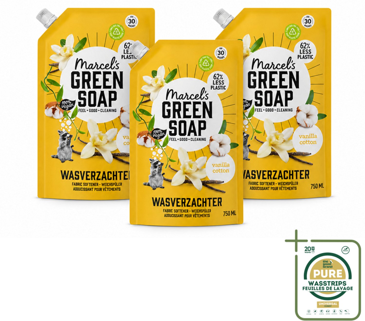 3 x Marcel's Green Soap - Wasverzachter - Navulling - Katoen & Vanille - Zachte frisheid- 30 Wasbeurten - 750 ml - Wasstrips - Wasverzachter - Wasverzachter Navulling - Wasverzachter Katoen - Wasverzachter Vanille - Wasverzachter Milieuvriendelijk