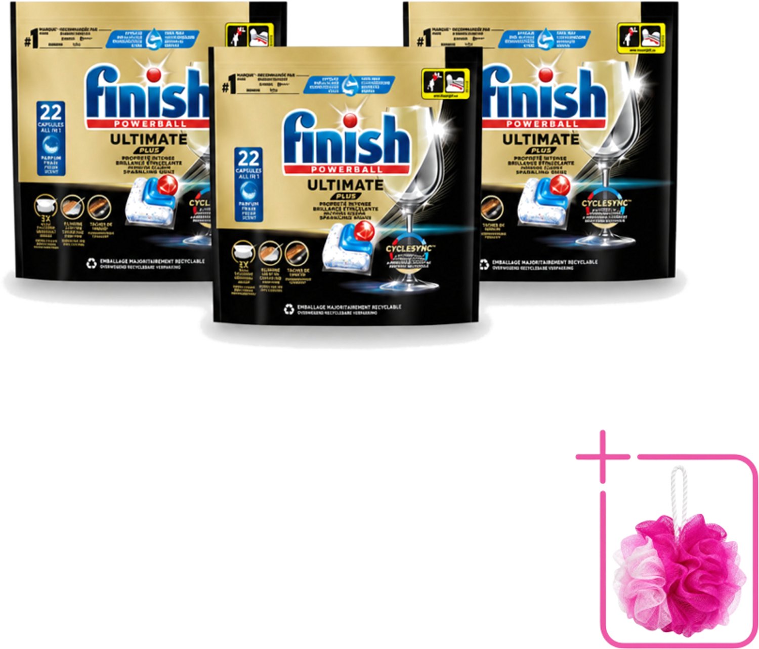 3 x Finish - Vaatwasmiddel - Ultimate Plus Vaatwastabletten Regular - Krachtige Alles-in-1 Reiniging - 22 capsules - Bulkverpakking - Vaatwastabletten - Douchemop - Vaatwasmachine