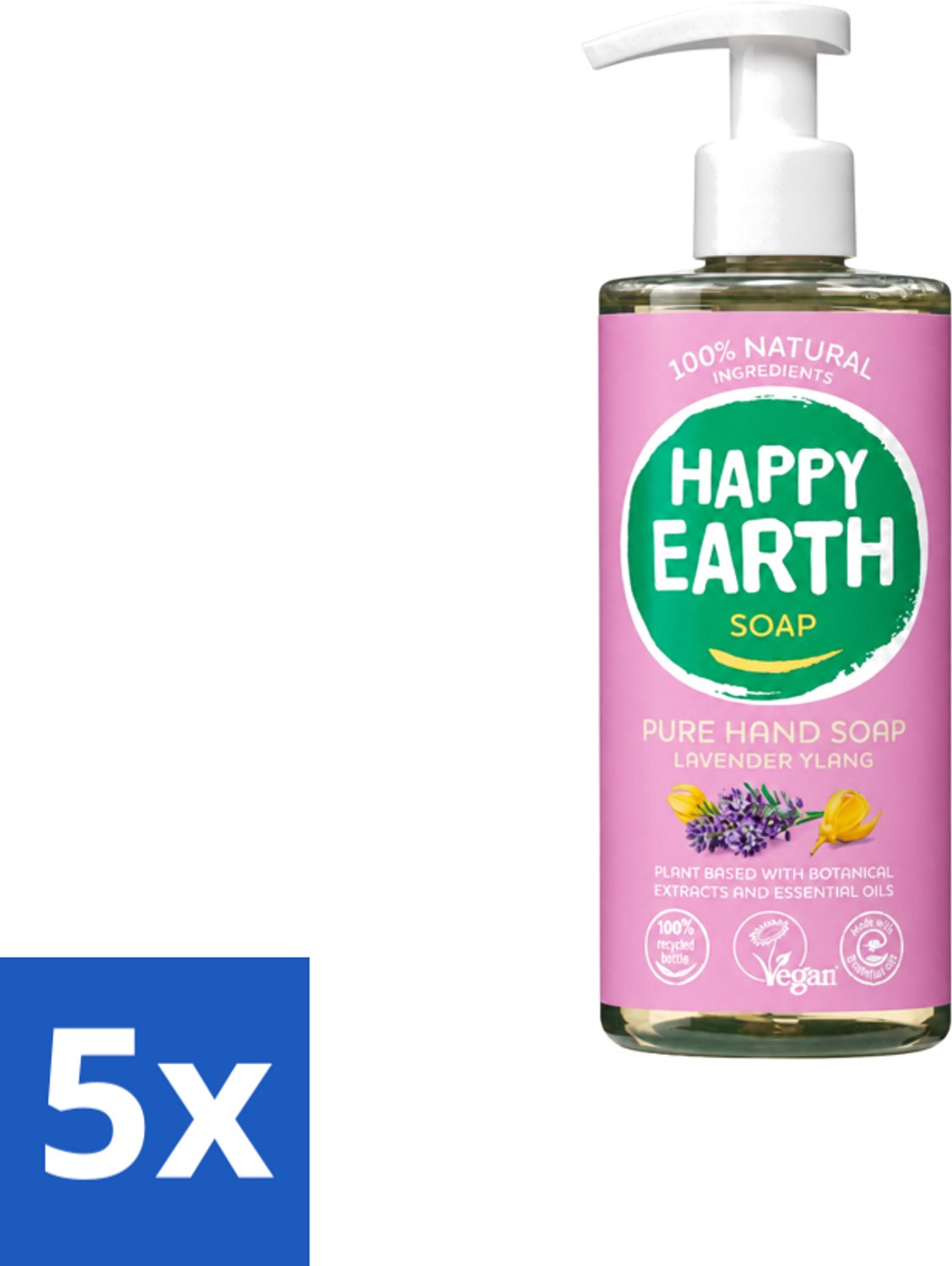5 x Happy Earth – Handzeep – 100% Natuurlijk Lavender Ylang – 300 ml - Voordeelverpakking - 5 stuks