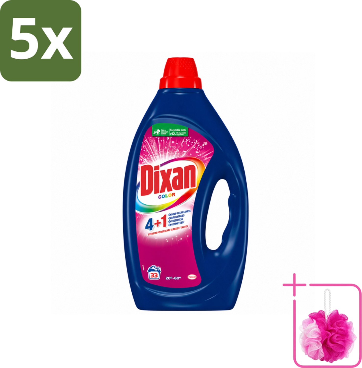 5 x Dixan - Vloeibaar wasmiddel - Voor gekleurde was - 33 wasbeurten - Bulkverpakking - Kleurbehoud - Douchemop - Wasmiddel voor gekleurd textiel