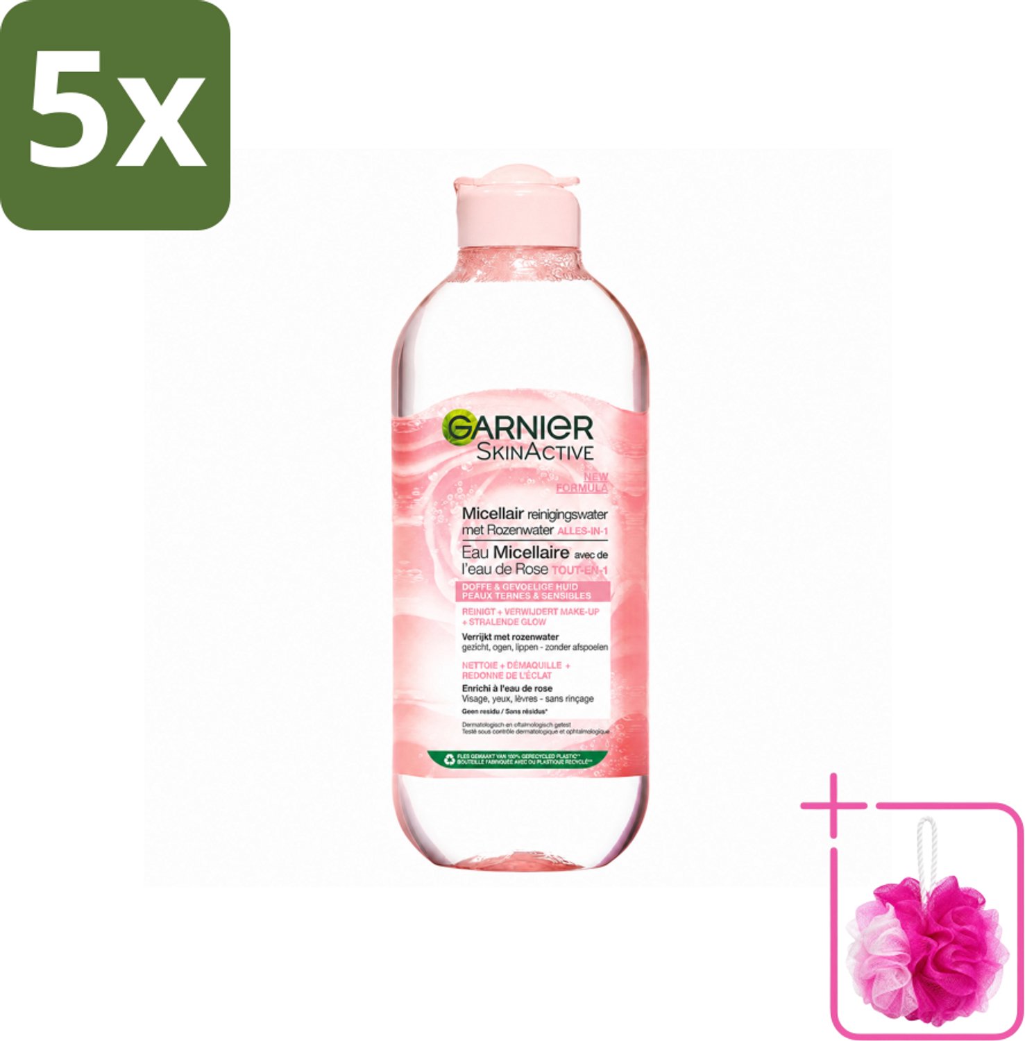 5 x Garnier - SkinActive - Micellair Reinigingswater - Rozenwater - Stralende Huid - 400 ml - Bulkverpakking - Micellair reinigingswater - Douchemop - Rozenwater