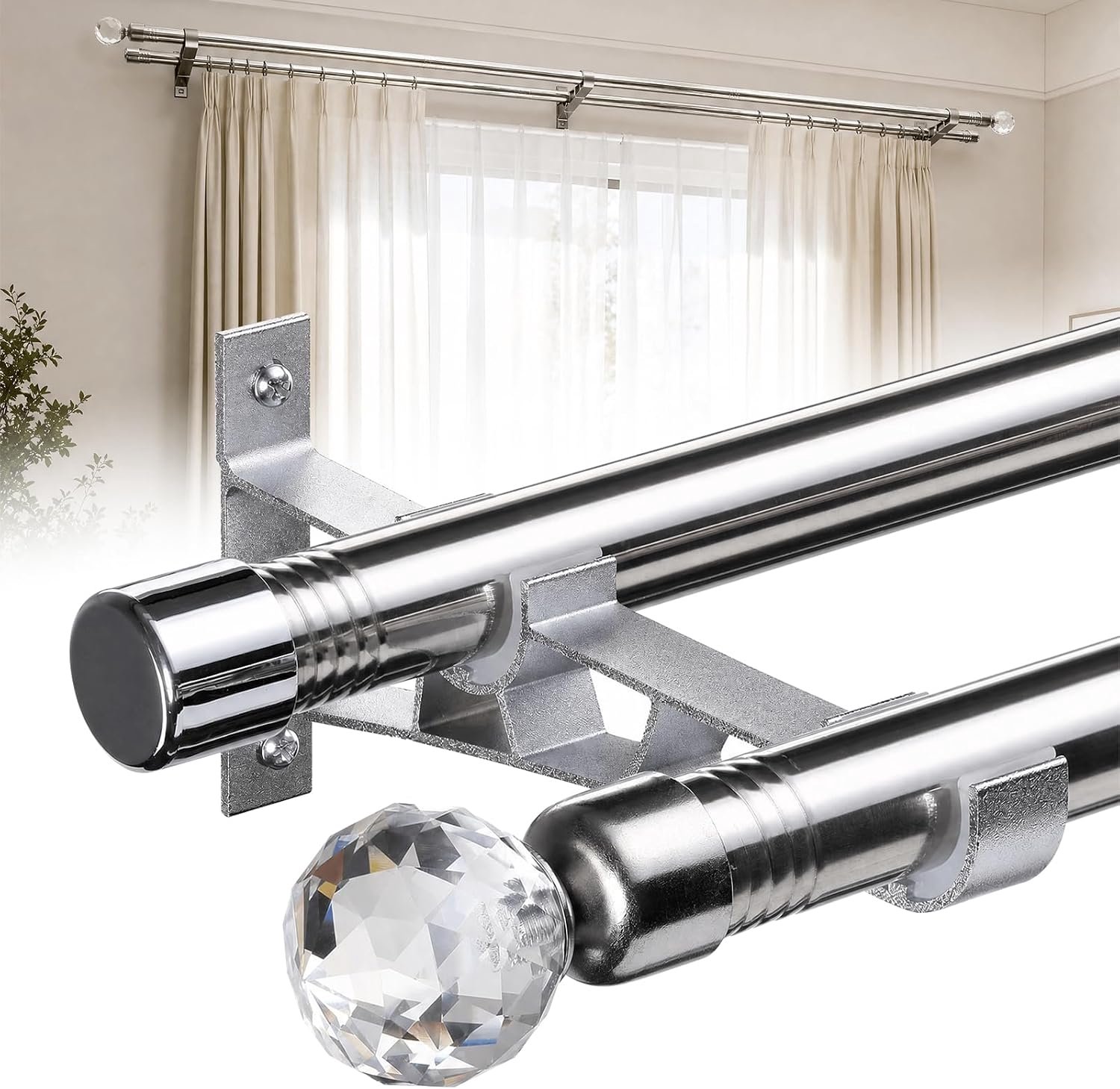 Dubbele gordijnroede, 2,5 cm Diamaon decoratieve dubbele raamstangen 76-230 cm, verstelbare gordijnroede voor glazen schuifdeur, terras, slaapkamer, zilver
