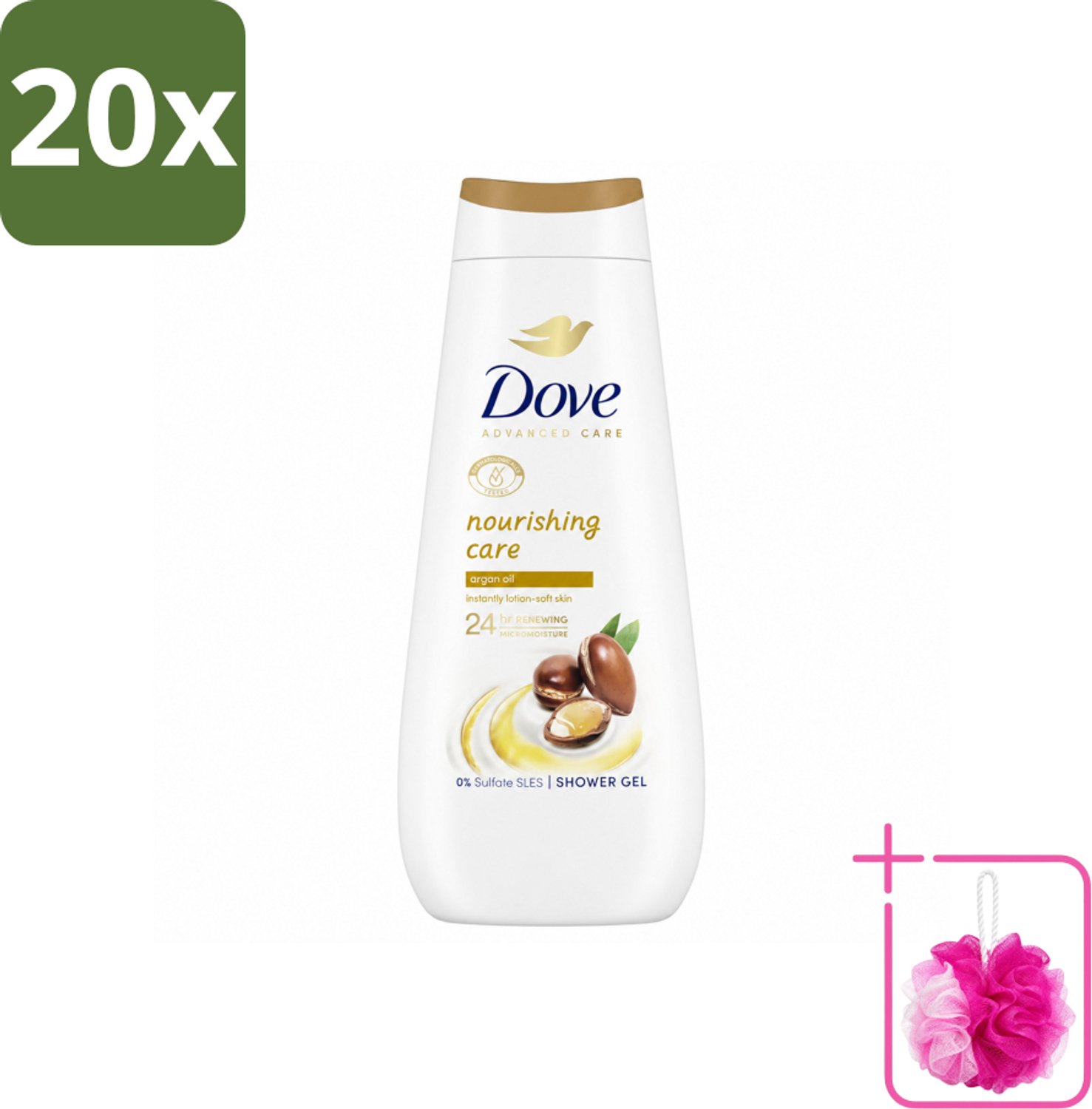 20 x Dove Douchecrème - Nourishing Care - Arganolie - 400 ml - Bulkverpakking - Douchegel - Douchemop - Huid verzorging