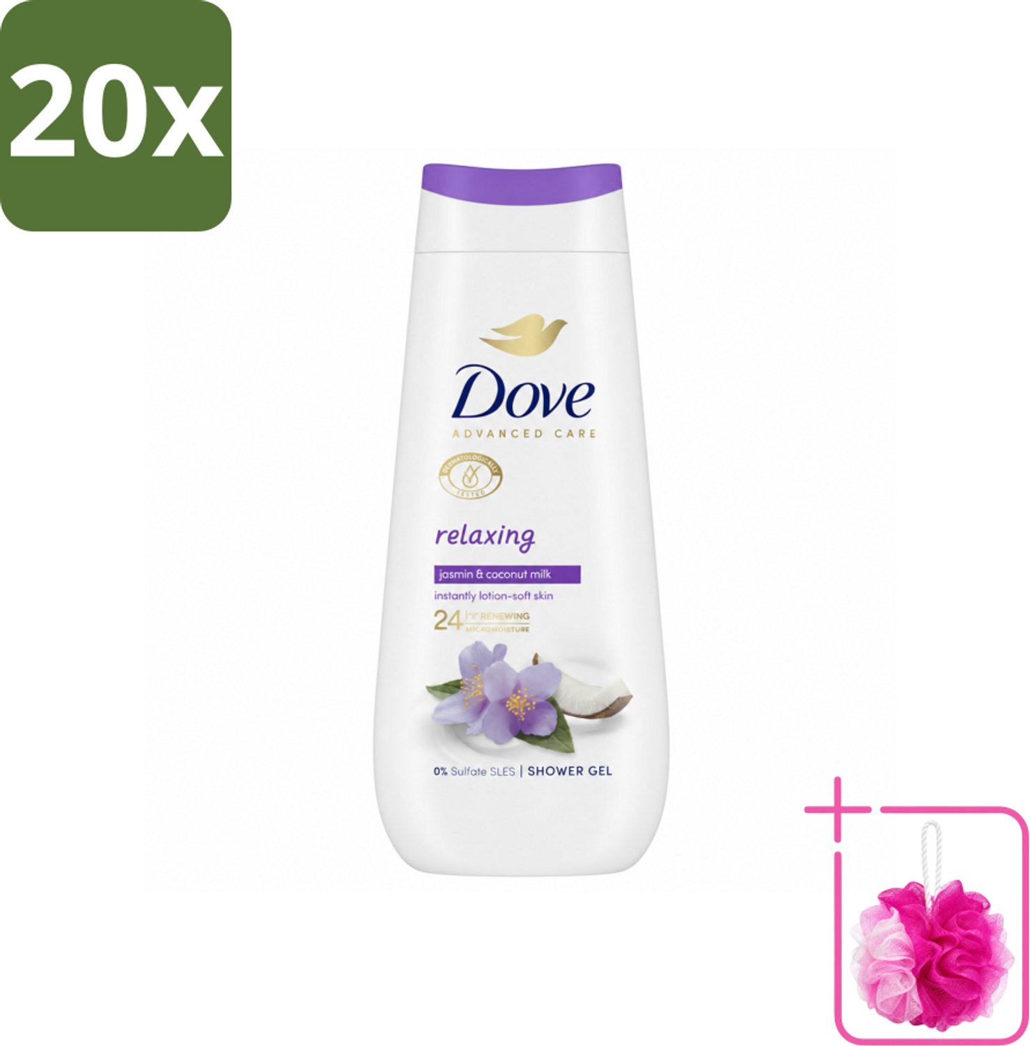20 x Dove Douchecrème - Relaxing - Kokos & Jasmijn - 225 ml - Bulkverpakking - Douchegel - Douchemop - Ontspannen douche