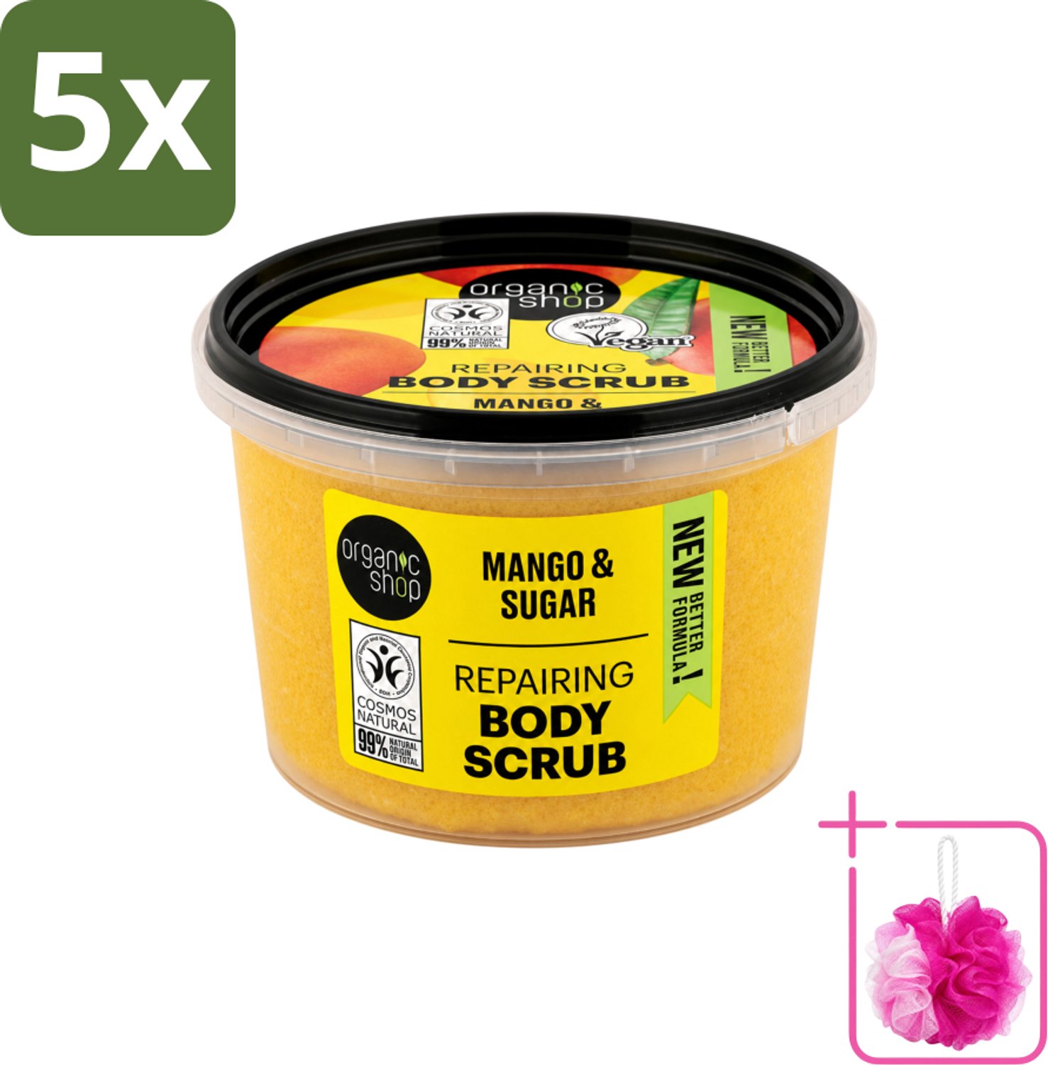 5 x Organic Shop - Organic Mango & Sugar Body Scrub - Peeling en Geur - 250 ml - Bulkverpakking - Organische bodyscrub - Douchemop - Mango scrub