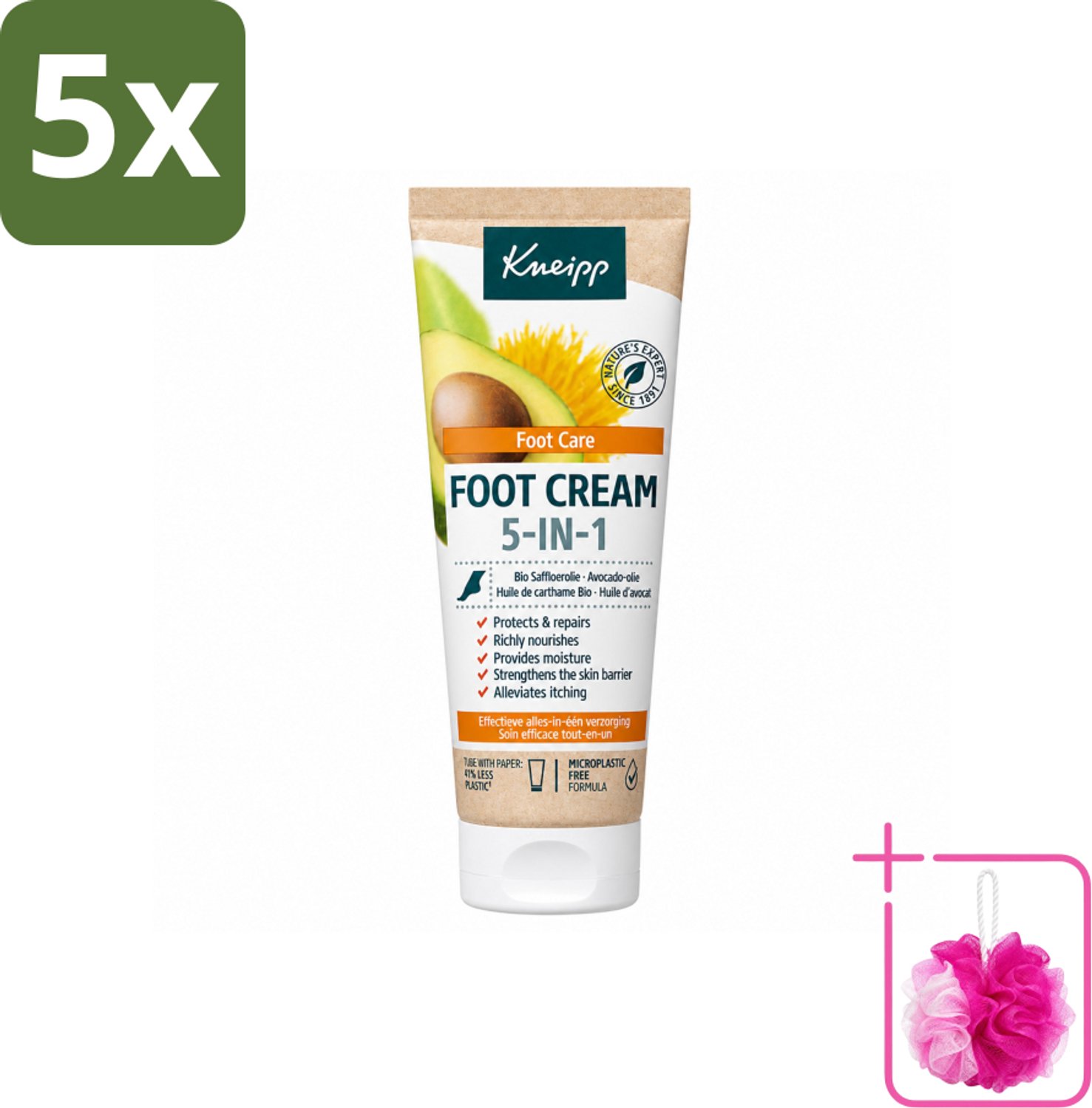 5 x Kneipp - Voetcrème 5‑in‑1 - Verlicht jeuk, hydrateert & herstelt - 75 ml - Bulkverpakking - Voetcrème - Douchemop - Voetverzorging