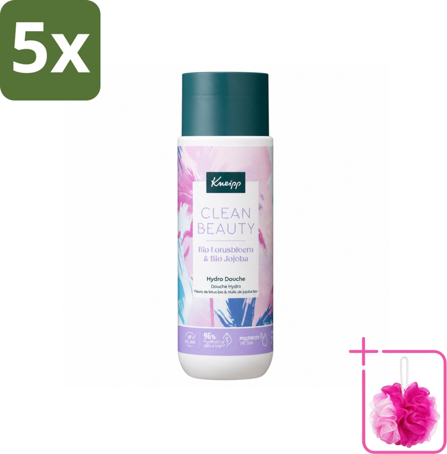 5 x Kneipp - Douchegel - Clean Beauty - Lotus & Jojoba - 200 ml - Bulkverpakking - Douchegel - Douchemop - Natuurlijke reiniging