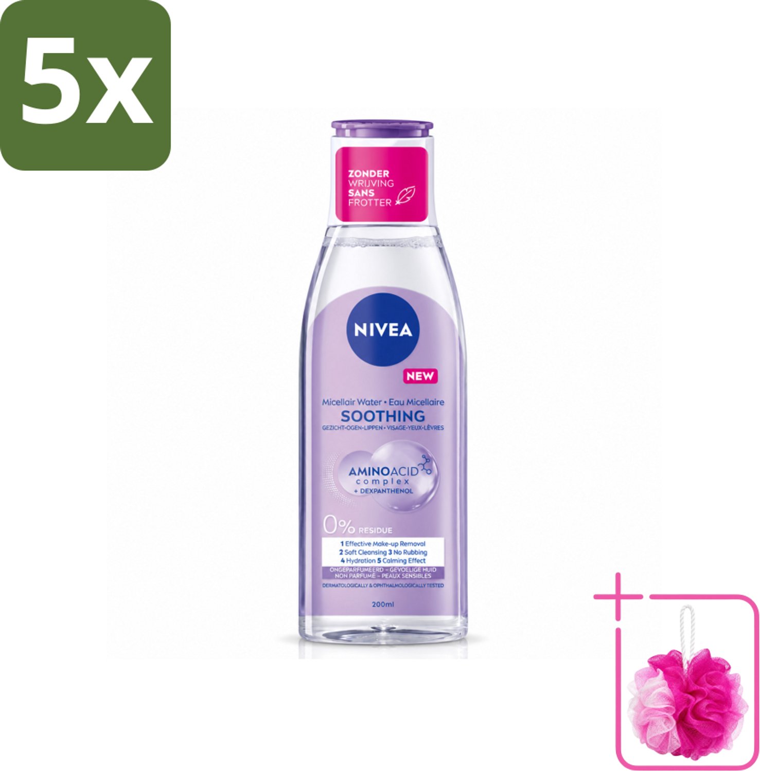 5 x NIVEA - Micellair Water - Gevoelige Huid - Anti-Restant - Verwijdert Waterbestendige Make-up - 200 ml - Bulkverpakking - Micellair water - Douchemop - Gevoelige huid