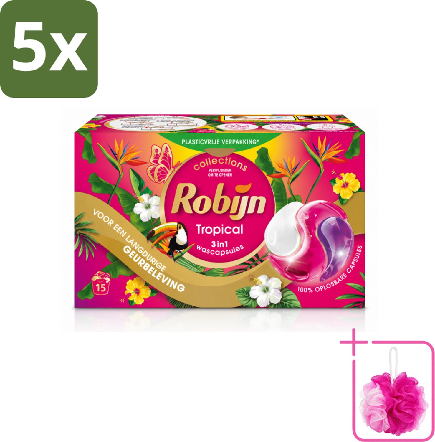5 x Robijn - 3-in-1 Tropical - Wascapsules - 15 Wasbeurten - Bulkverpakking - Tropische geur - Douchemop - Wascapsules