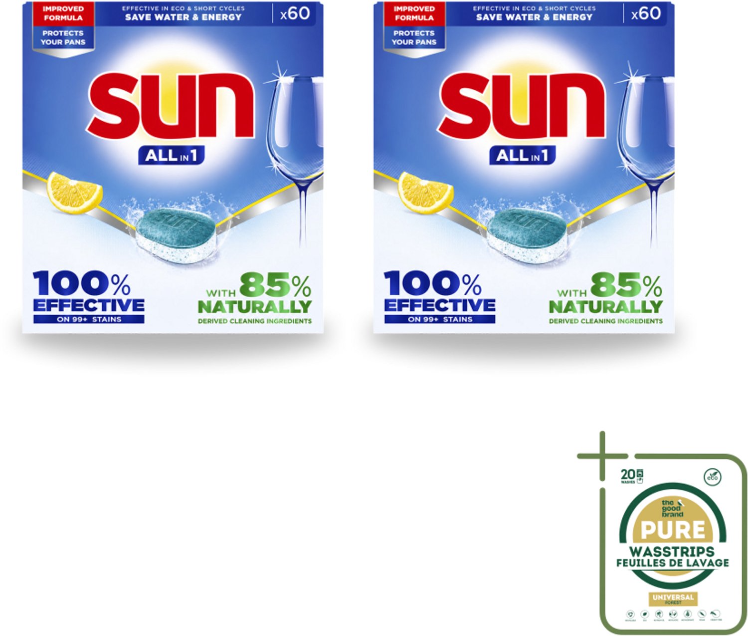 2 x Sun - Vaatwastabletten - All-in-1 Citroen - 60 tabletten - Wasstrips - Vaatwastabletten - Citroen - Vaatwasmiddel - Reiniging - Glans