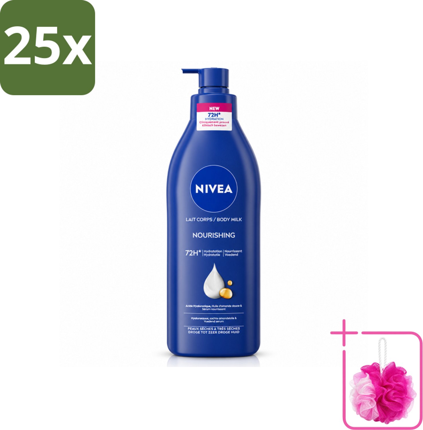 25 x Nivea - Nourishing - Body Milk met Pomp - Voor Droge tot Zeer Droge Huid - 72 uur Hydratatie - 400 ml - Bulkverpakking - Hydratatie huid - Douchemop - Droge huid