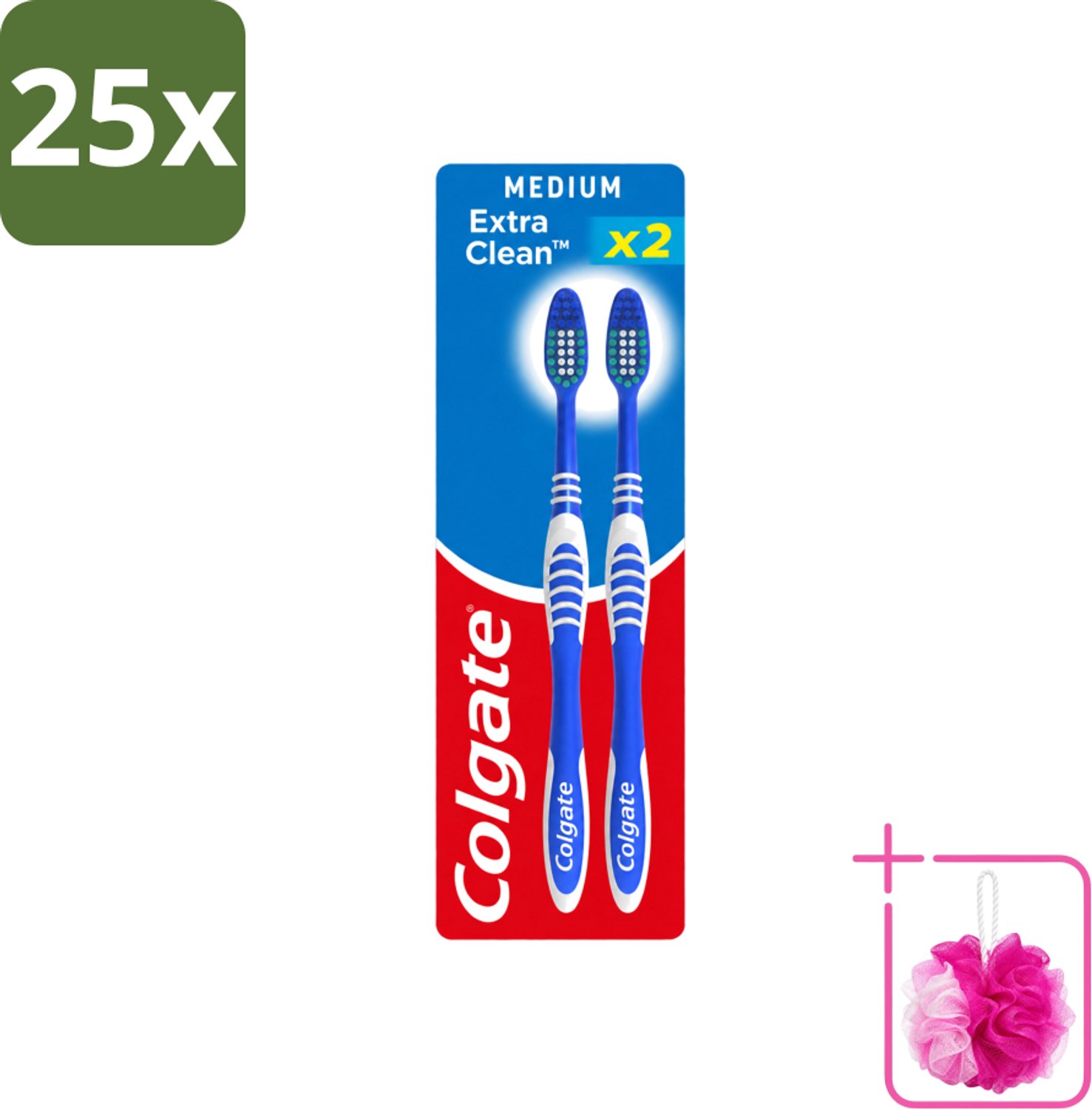 25 x Colgate - Tandenborstels - Extra Clean Duo - Medium - 2 borstels - Bulkverpakking - Tandenborstel - Douchemop - Mondhygiëne