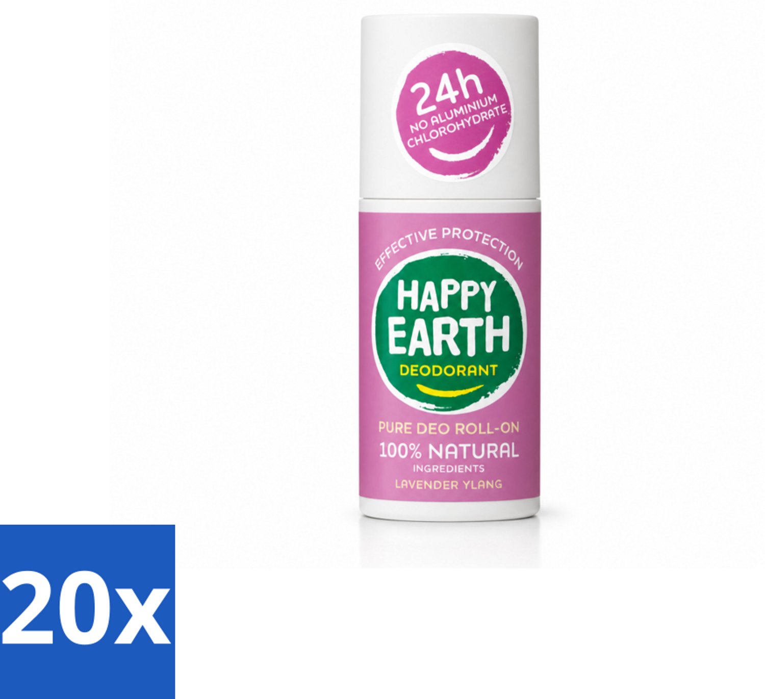 20 x Happy Earth – Deodorant Roll-On – 100% Natuurlijk Lavender Ylang – 75 ml - Voordeelverpakking - 20 stuks