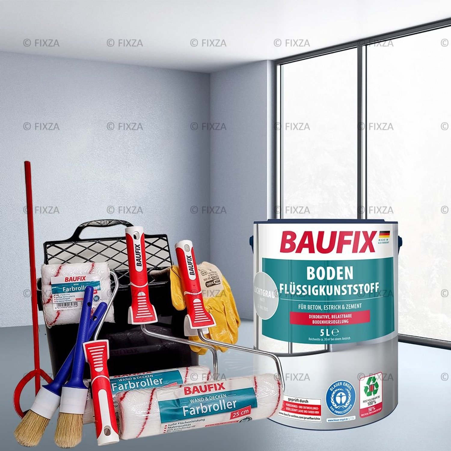 BAUFIX Betonverf Vloer Voordeelverpakking met Verwerkingset lichtgrijs 15 m²