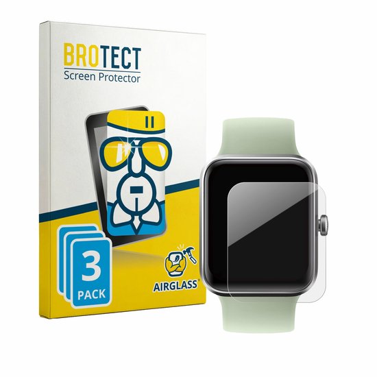 BROTECT AirGlass 3-pack screenprotector voor smartwatch met lichtgroene band en glazen beschermlaag.