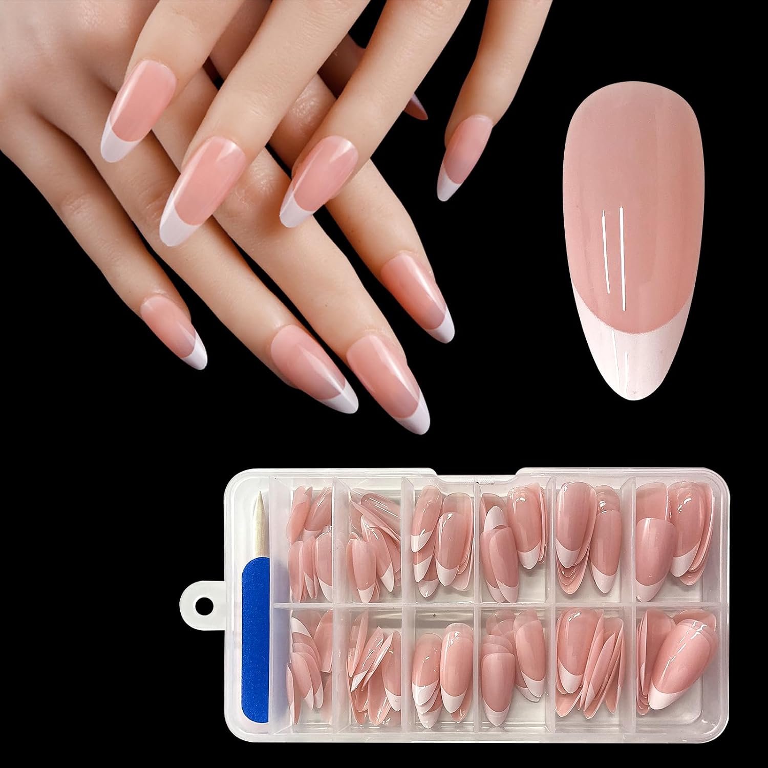 French tip, korte amandelvormige plaknagels, kunstnagels van zachte gel, herbruikbare semi-transparante opplaknagels voor dames (French, medium, amandel)