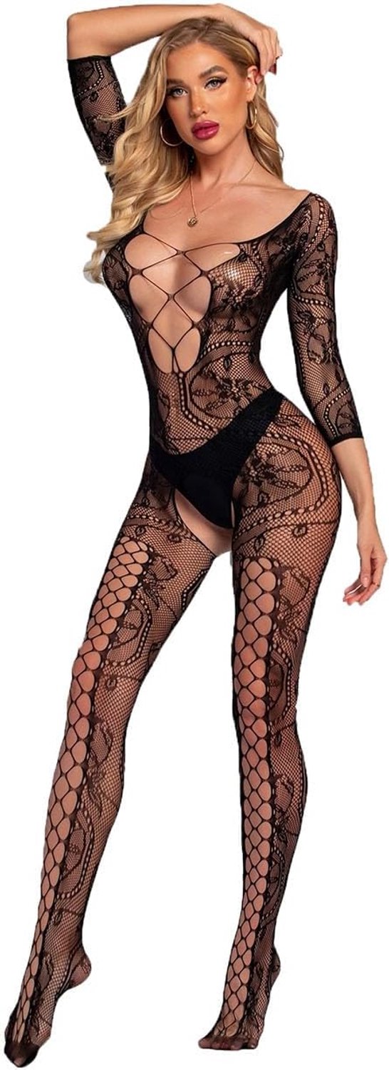 Lingerie voor dames Halloween naadloze bodystocking catsuit ouvert vrouwen baby pop sexy ondergoed jurk fishnet negligées lingerie nachtjurk sleepwear in het kruis open voor seks, zwart